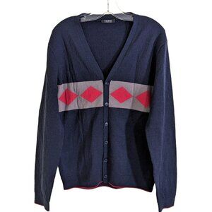 Farhi Wool Cashmere Cardigan Sweater Mens Large Blue Diamond Print Button Front